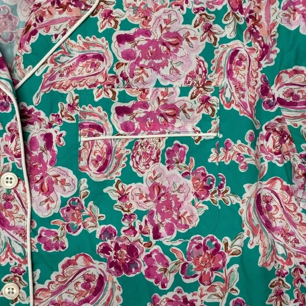 J.Crew Womens L Pajama Top Short Sleeve 100% Cotton Pink Paisley White Trim NWT